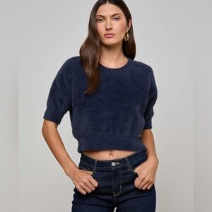 L’AGENCE Guinevere Short Sleeve Crop Sweater in Midnight Blue Size Extra Small